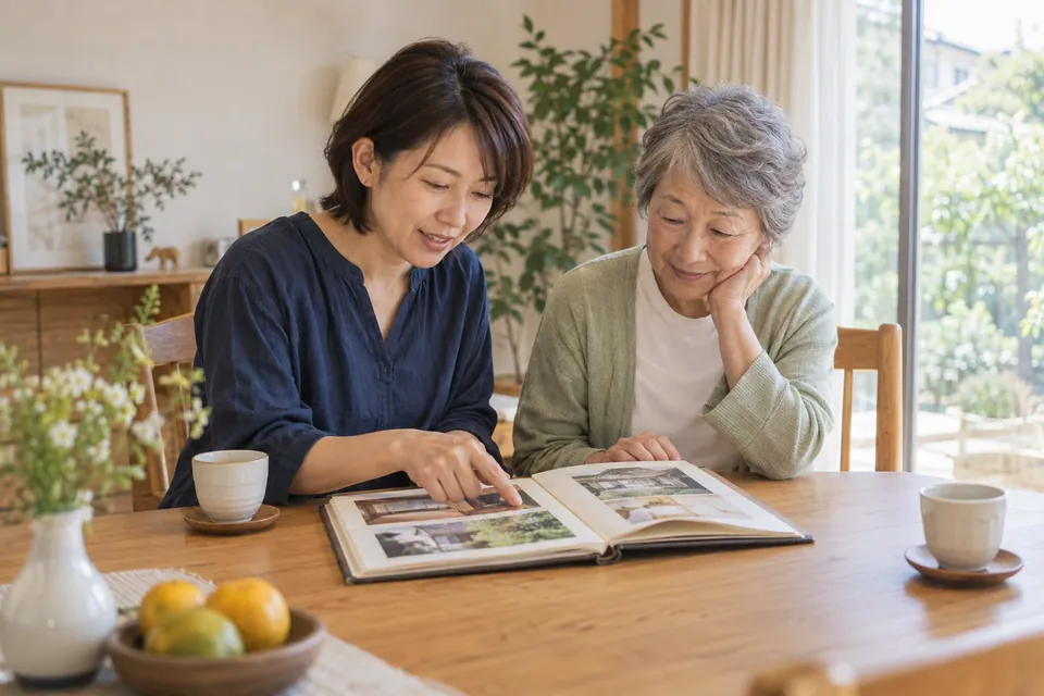 家のアルバムを見ながら、これからを話す親子のイメージ