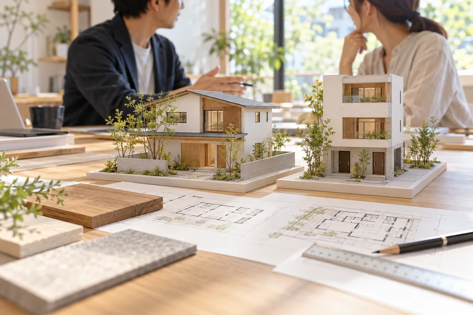 住宅模型と図面を囲んで建築計画を相談するイメージ