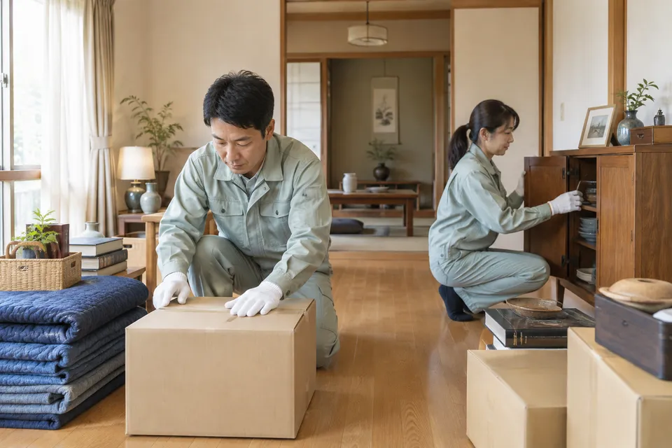 日本の家で家財を丁寧に仕分ける片付け作業員のイメージ