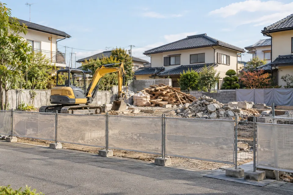 安全柵のある住宅解体現場と小型重機のイメージ