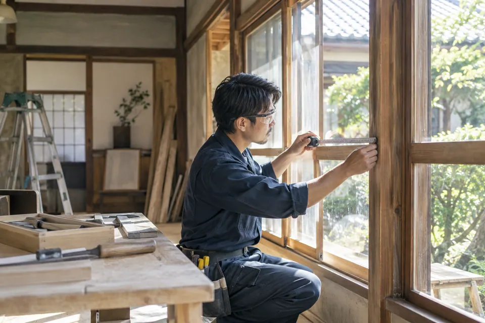 木の窓枠を確認するリフォーム職人のイメージ
