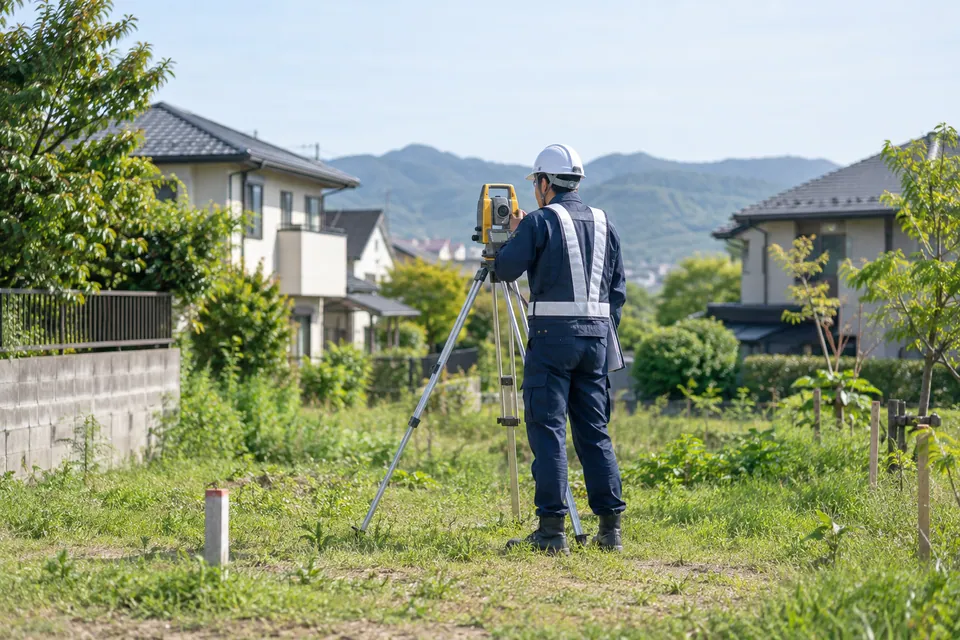 住宅地で測量機器を確認する専門家のイメージ